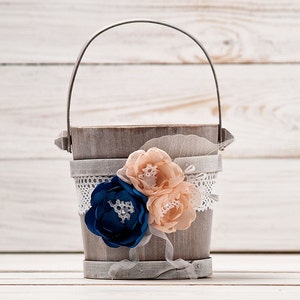 Navy Blue Blush Flower Girl Basket Wedding Basket Wood Flower Basket Flower Girl Bucket Blush and Royal Blue Peach Wedding Accessories
