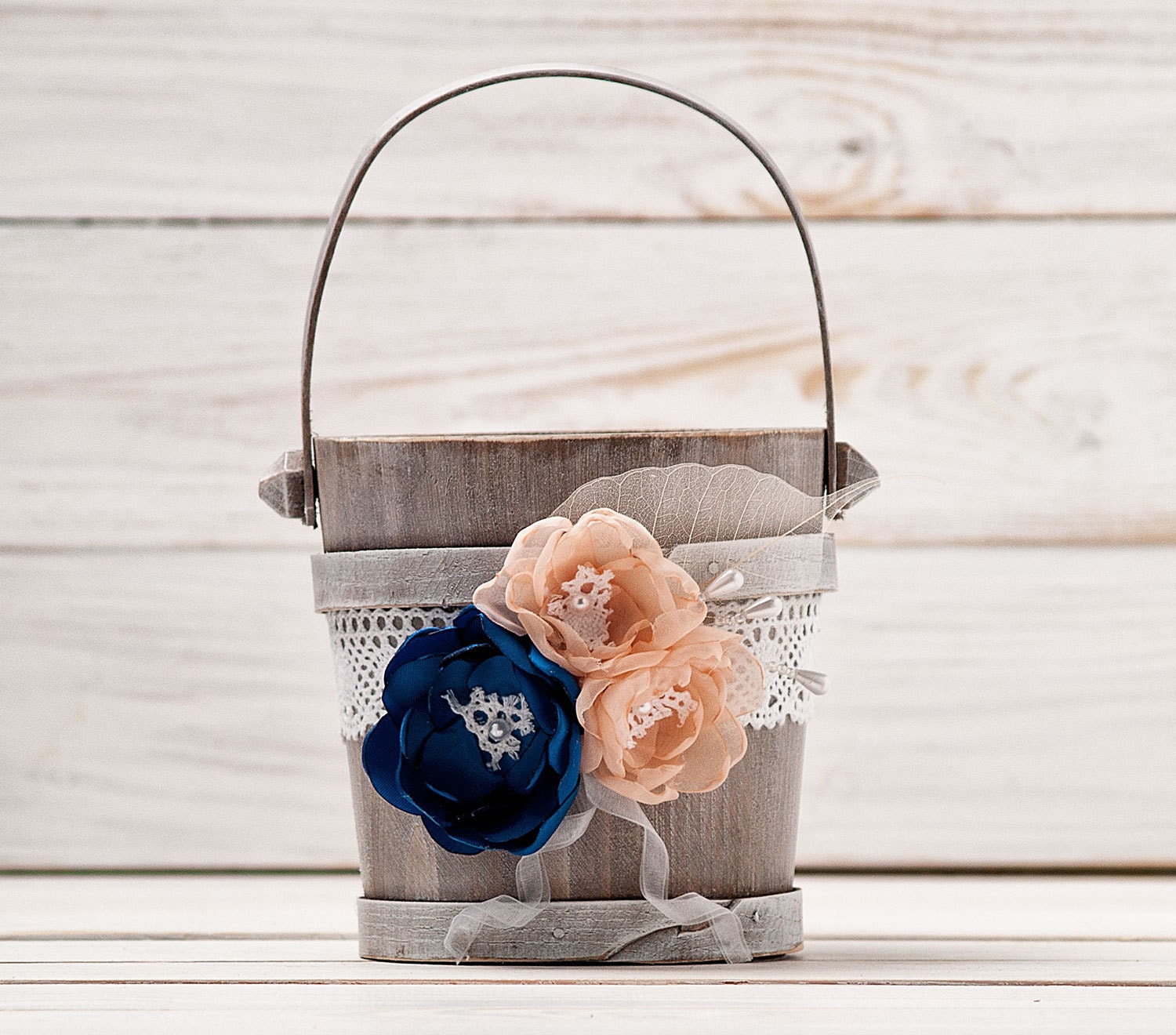 Navy Blue Blush Flower Girl Basket Wedding Basket Wood Flower Etsy