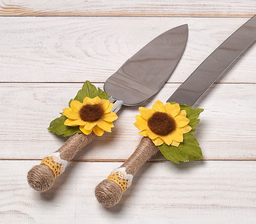 Juego de corte de pastel de bodas, Juego de servicio de pastel de girasol,  Juego de cuchillo de pastel, Juego de servidor de pastel rústico, Cortador  ..., image size:1080x949
