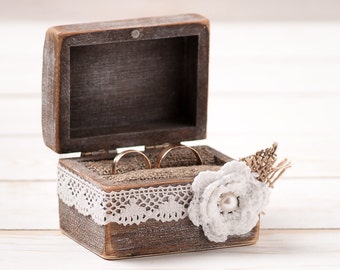 Trouwringdoos, rustieke ringdragerdoos met kussen voor ringen, houten verlovingsringdoos met jute, kant, unieke voorstelringhouder
