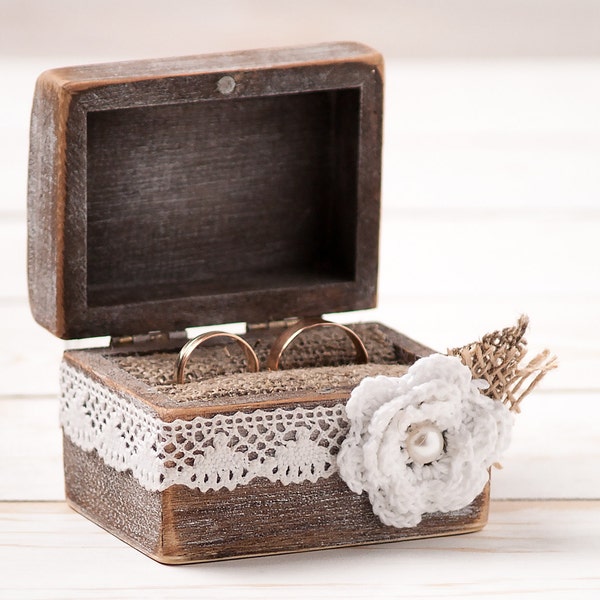 Wedding Ring Box, Rustic Ring Bearer Box with Pillow for Rings, Wooden Engagement Ring Box with Burlap, Lace, Unique Proposal Ring Holder