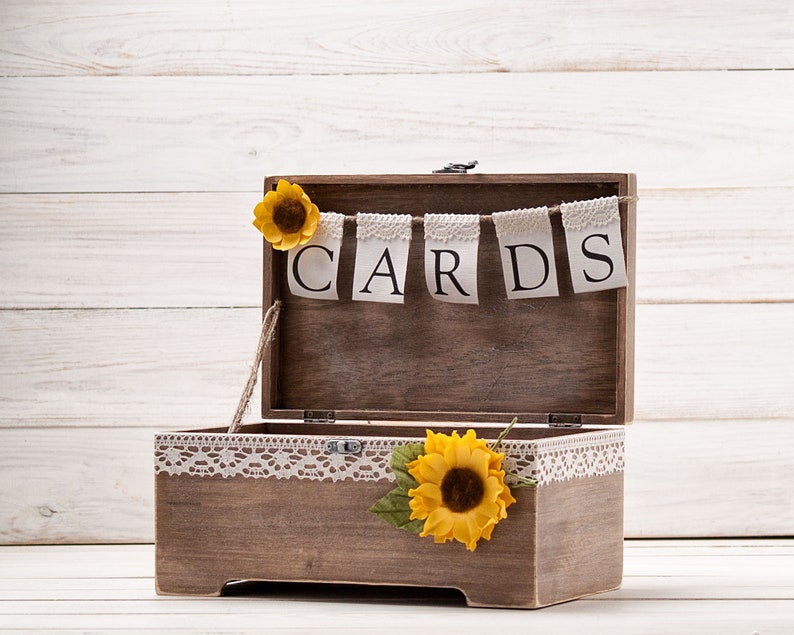 Sunflower Card Box, Fall Wedding Wishes Box, Money Gift Box, Rustic Memory Box, Wood Card Holder with Banner, Fall Bridal Shower Decor image 1