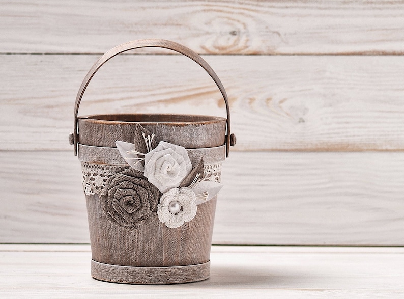 Rustic Flower Girl Basket Ivory Wedding Flower Basket Bridal Etsy
