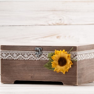 Sunflower Card Box, Fall Wedding Wishes Box, Money Gift Box, Rustic Memory Box, Wood Card Holder with Banner, Fall Bridal Shower Decor image 2