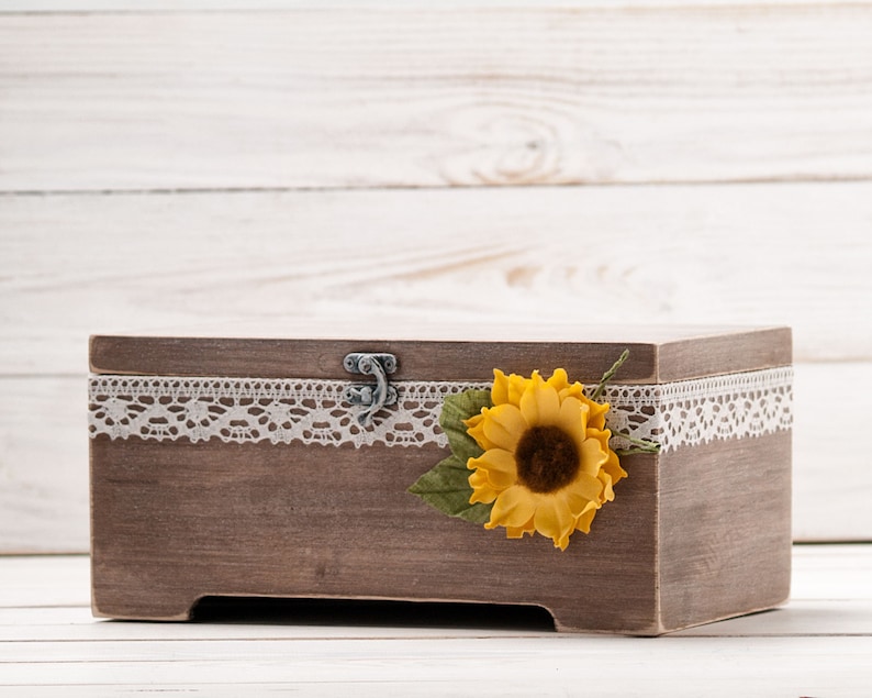 Sunflower Card Box, Fall Wedding Wishes Box, Money Gift Box, Rustic Memory Box, Wood Card Holder with Banner, Fall Bridal Shower Decor image 2