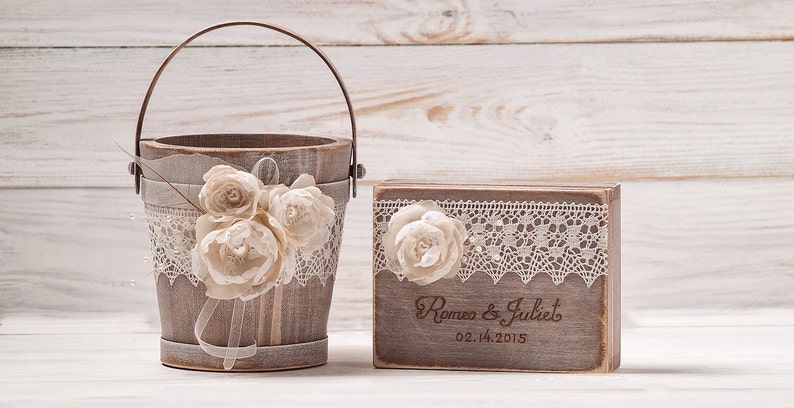 Flower Girl Basket and Ring Pillow Set Personalized Ring Box Bearer Rustic Ivory Wedding Set Wedding Bucket Rose Flower Girl Shabby Chic image 1