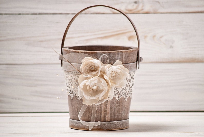 Rustic Flower Girl Basket, Wedding Flower Basket, Gold Flower Girl Basket, Wood Flower Basket, Flower Girl Bucket, Ivory and Burlap Wedding image 1