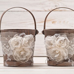 Flower Girl Baskets Set of 2, Bohemian Flower Girl Basket, Ivory Wedding Bucket, Rustic Flower Basket for Flower Petals Wooden Bridal Basket image 5