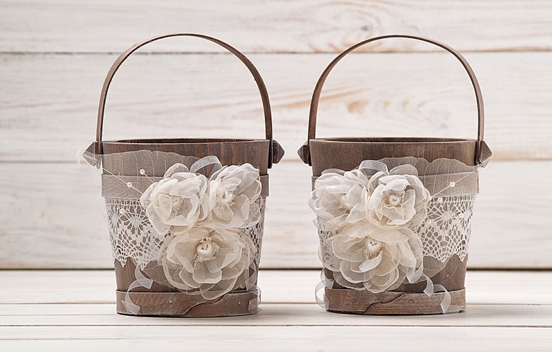 Flower Girl Baskets Set of 2, Bohemian Flower Girl Basket, Ivory Wedding Bucket, Rustic Flower Basket for Flower Petals Wooden Bridal Basket image 5