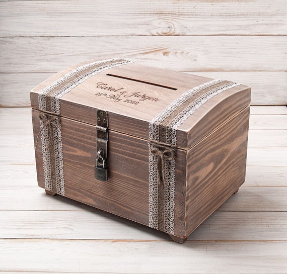 Wood Wedding Card Box with Lock and Key, Large Rustic Card Box for