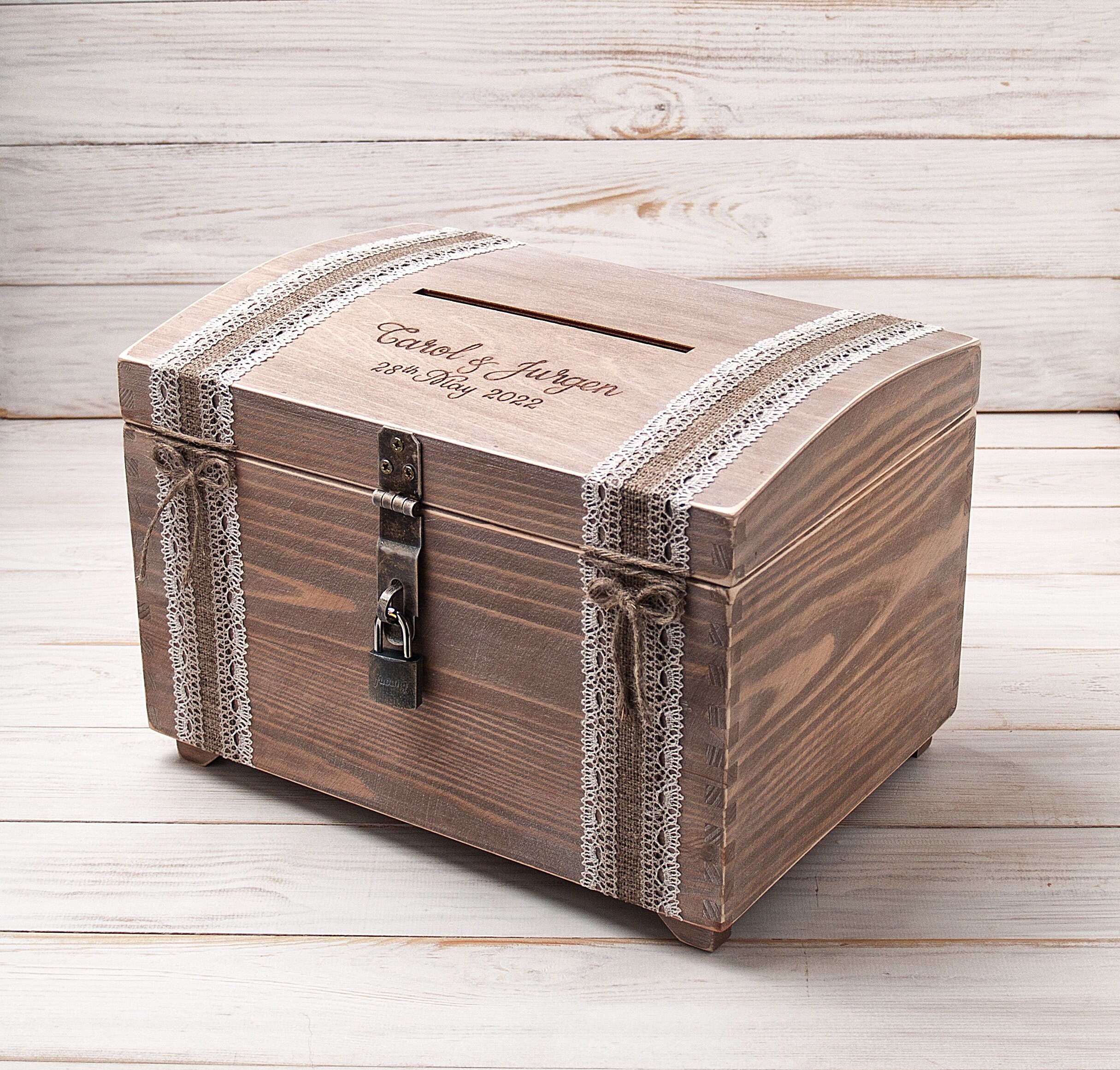  Rustic Wedding Card Box with Slot, Personalized Large Wooden  Card Box with Burlap and Lace, Cards Banner Gift Box, Wooden Chest Memory  Box with Lock Key : Handmade Products