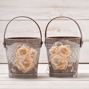 Flower Girl Baskets Set of 2, Bohemian Flower Girl Basket, Ivory Wedding Bucket, Rustic Flower Basket for Flower Petals Wooden Bridal Basket image 6