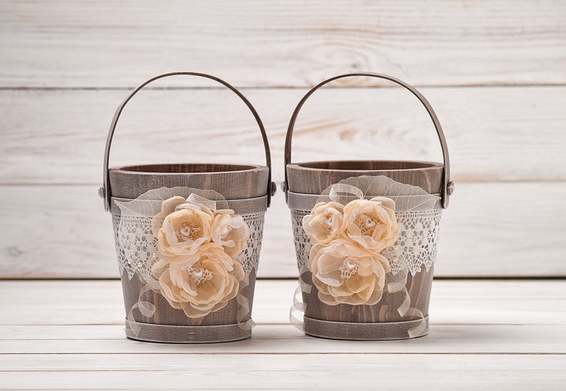 Flower Girl Baskets Set of 2, Bohemian Flower Girl Basket, Ivory Wedding Bucket, Rustic Flower Basket for Flower Petals Wooden Bridal Basket image 6