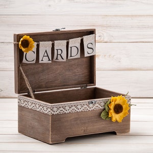 Sunflower Card Box, Fall Wedding Wishes Box, Money Gift Box, Rustic Memory Box, Wood Card Holder with Banner, Fall Bridal Shower Decor image 3