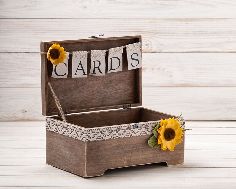 Sunflower Card Box, Fall Wedding Wishes Box, Money Gift Box, Rustic Memory Box, Wood Card Holder with Banner, Fall Bridal Shower Decor image 3