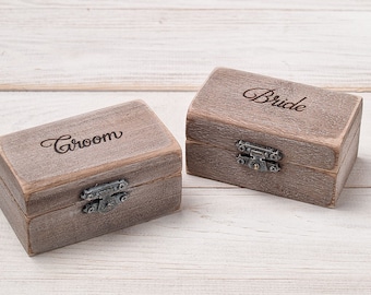 Bride and Groom Ring Boxes Set of 2, Wooden His Hers Wedding Ring Bearer Box, Rustic Engagement Ring Holder, Ring Pillow Alternative