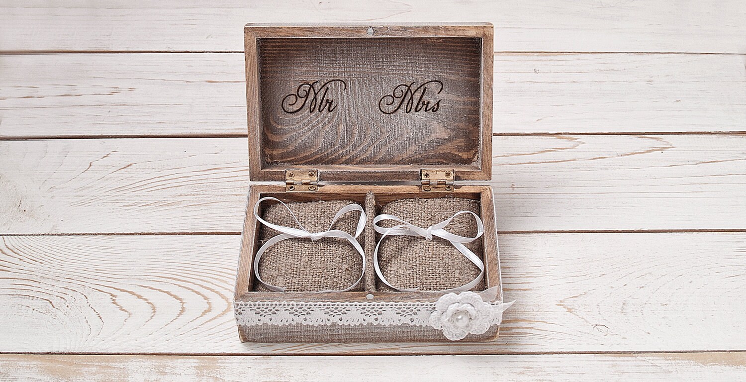Rustic Ring Bearer Pillow Box With Lace and Flower Engraved Etsy