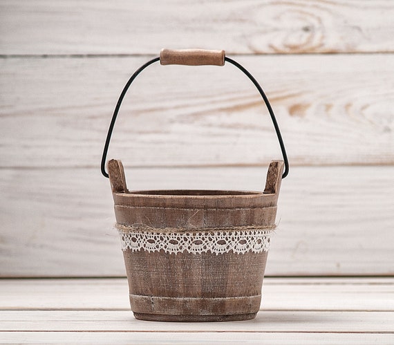 Small Flower Girl Basket Rustic Wedding Wood Bucket For Petals Etsy