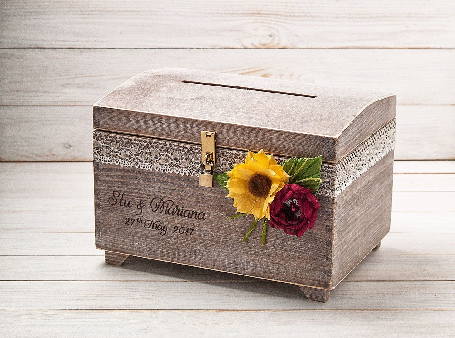 Sunflower Rose Wedding Card Box With Lock Key Keepsake Chest Wooden ...