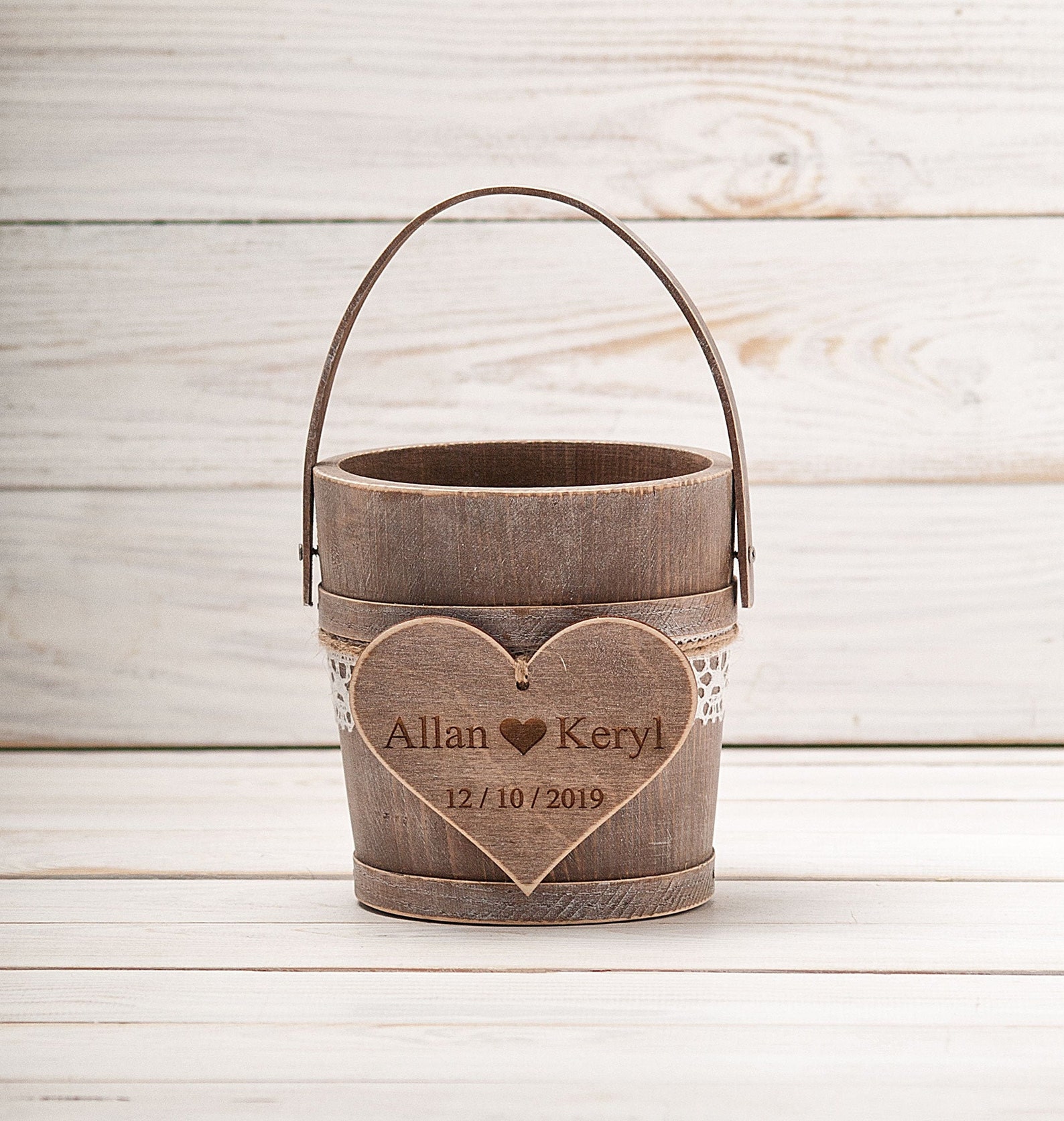 Small Flower Girl Basket Rustic Wedding Wood Bucket for Petals Etsy