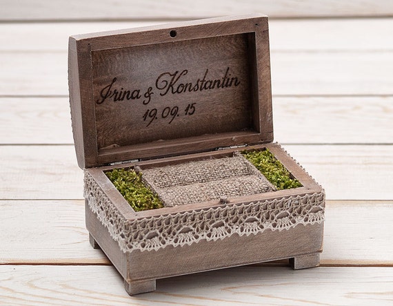 Wood Ring Box with Faux Moss Interior Engagement Ring Bearer Box Holder Rustic Ring Holder Custom Modern Wedding Rings Box
