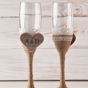 Toasting Glasses Flutes Rustic Cake Serving Set Personalized Knife Set ...
