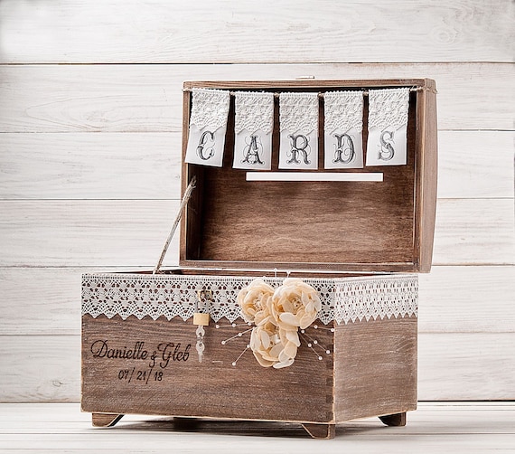  Rustic Wedding Card Box with Slot, Personalized Large Wooden  Card Box with Burlap and Lace, Cards Banner Gift Box, Wooden Chest Memory  Box with Lock Key : Handmade Products