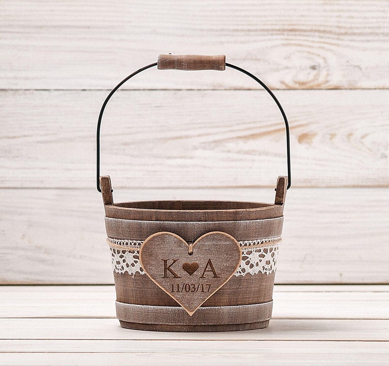 Small Flower Girl Basket Rustic Wedding Wood Bucket for Petals Etsy