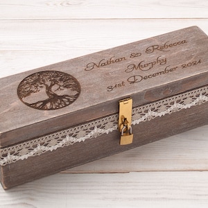 Wine ceremony box with lock custom engraved with name and date, personalized family tree of life memory keepsake time capsule box wedding