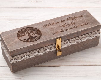 Wine ceremony box with lock custom engraved with name and date, personalized family tree of life memory keepsake time capsule box wedding