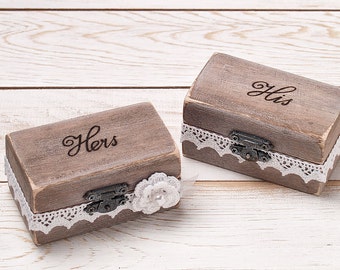 Ring Bearer Box Set, His Hers Ring Boxes for Wedding, Wooden Ring Holder, Rustic Ring Bearer Pillow, Wood Engagement Ring Box Set of 2