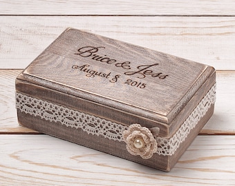 Rustic Ring Bearer Pillow Box with Lace and Flower, Engraved Wedding Ring Holder, Personalized Unique Wooden Proposal Box for Rings