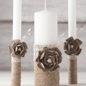 Ensemble de bougies de cérémonie de mariage rustique Unity - Roses et perles en toile de jute