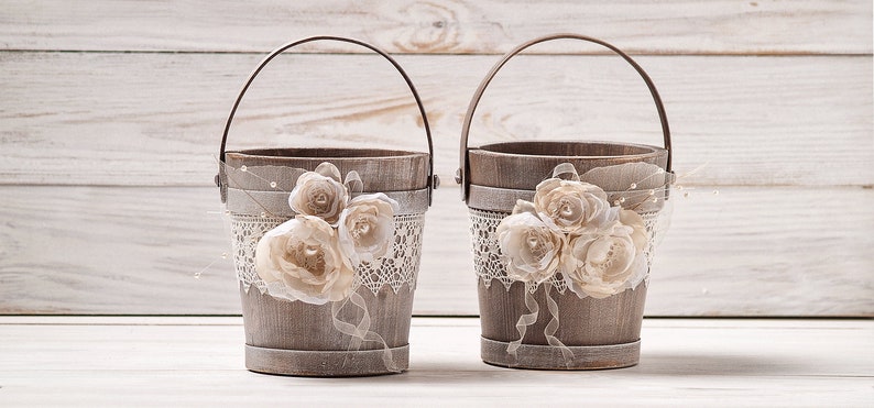 Flower Girl Basket and Ring Pillow Set Personalized Ring Box Bearer Rustic Ivory Wedding Set Wedding Bucket Rose Flower Girl Shabby Chic image 9