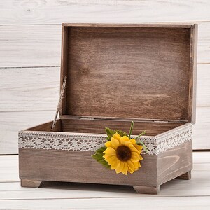 Sunflower Card Box, Fall Wedding Wishes Box, Money Gift Box, Rustic Memory Box, Wood Card Holder with Banner, Fall Bridal Shower Decor image 5