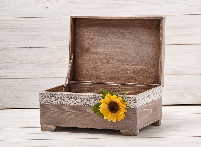 Sunflower Card Box, Fall Wedding Wishes Box, Money Gift Box, Rustic Memory Box, Wood Card Holder with Banner, Fall Bridal Shower Decor image 5