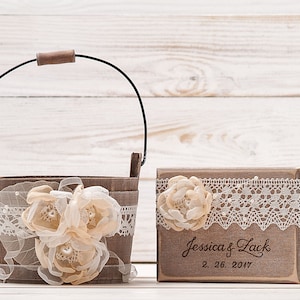 Wooden Ring Bearer Box and Flower Girl Basket, Personalized Wedding Ring Pillow Basket Set, Petals Basket, Rustic Flower Girl Basket Set