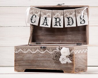 Wedding gift card holder, rustic cards box, wooden card holder, wedding card chest with rustic banner sign, wedding advice box