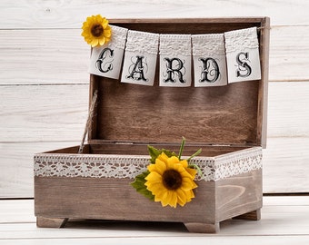 Small Sunflower Cards Box, Rustic Wedding Card Box, Advice Wishes  Box, Wooden Card Holder with Banner, Program Holder, Basket for Cards