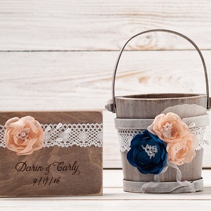 Rustic flower girl basket and ring holder pillow set blush navy blue, personalized wooden ring bearer box, wedding bucket, pail for petals