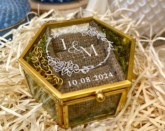 Caja hexagonal de cristal para anillos, porta anillos de boda personalizado, joyero pequeño de compromiso, recuerdo personalizado, ceremonia rústica bohemia, propuesta de matrimonio