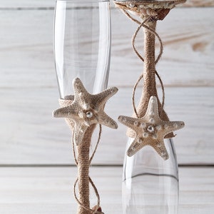 Champagne Glasses, Nautical Wedding Toasting Flutes, Beach Wedding Flutes, Bride and Groom Glasses with Starfish and Seashells zdjęcie 6