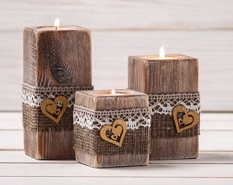 Rustic Wedding Centerpiece Table Candles, Wood Candle Holder Set of 3, Tea Light Holder, Wooden Christmas Candles, Table Top Farmhouse Decor