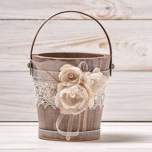 Rustic Flower Girl Basket, Wedding Flower Basket, Gold Flower Girl Basket, Wood Flower Basket, Flower Girl Bucket, Ivory and Burlap Wedding image 4