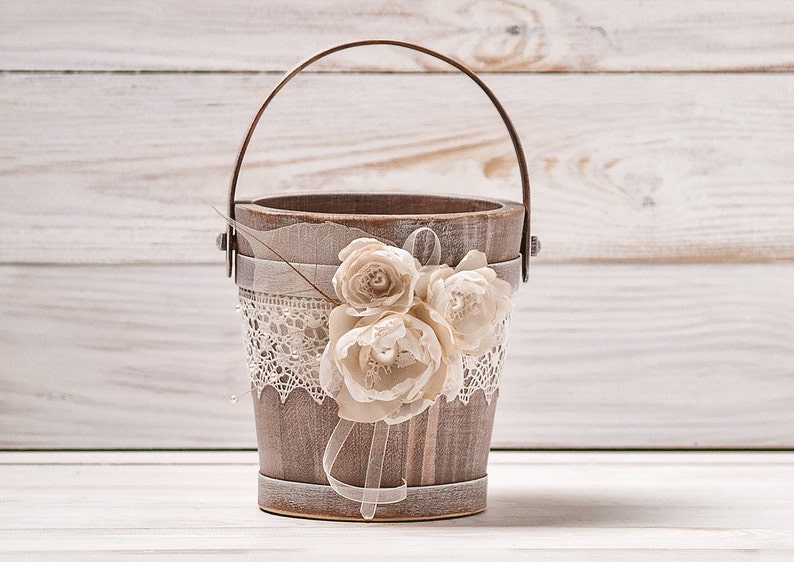 Rustic Flower Girl Basket, Wedding Flower Basket, Gold Flower Girl Basket, Wood Flower Basket, Flower Girl Bucket, Ivory and Burlap Wedding image 4