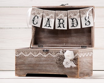 Rustic Wedding Card Box Holder with Burlap and Lace Cards Banner  Wedding Card Gift Box Wooden Chest Shabby Chic Flowers Wedding Sign