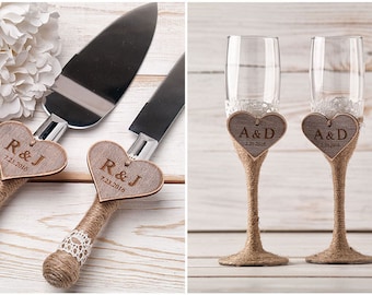 Toasting Glasses Flutes Rustic Cake Serving Set Personalized Knife Set Wedding Champagne Personalized Glasses Rustic Wedding Mr and Mrs Set