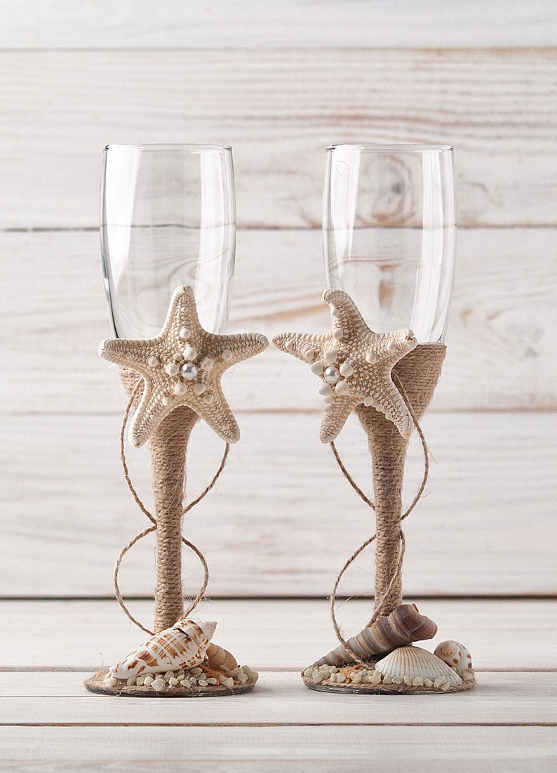 Champagne Glasses, Nautical Wedding Toasting Flutes, Beach Wedding Flutes, Bride and Groom Glasses with Starfish and Seashells image 1