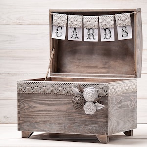 Bruiloft Card Box Rustieke kaarthouder met jute en kant kaarten Banner houten kist