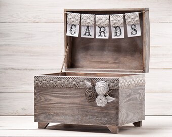 Wedding Card Box Rustic Card Holder with Burlap and Lace Cards Banner Wooden Chest